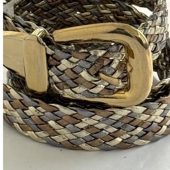 Tri-Color Small Gold Silver Bronze Metallic Braided /Woven Belt Gold Tone Buckle - Picture 4 of 9